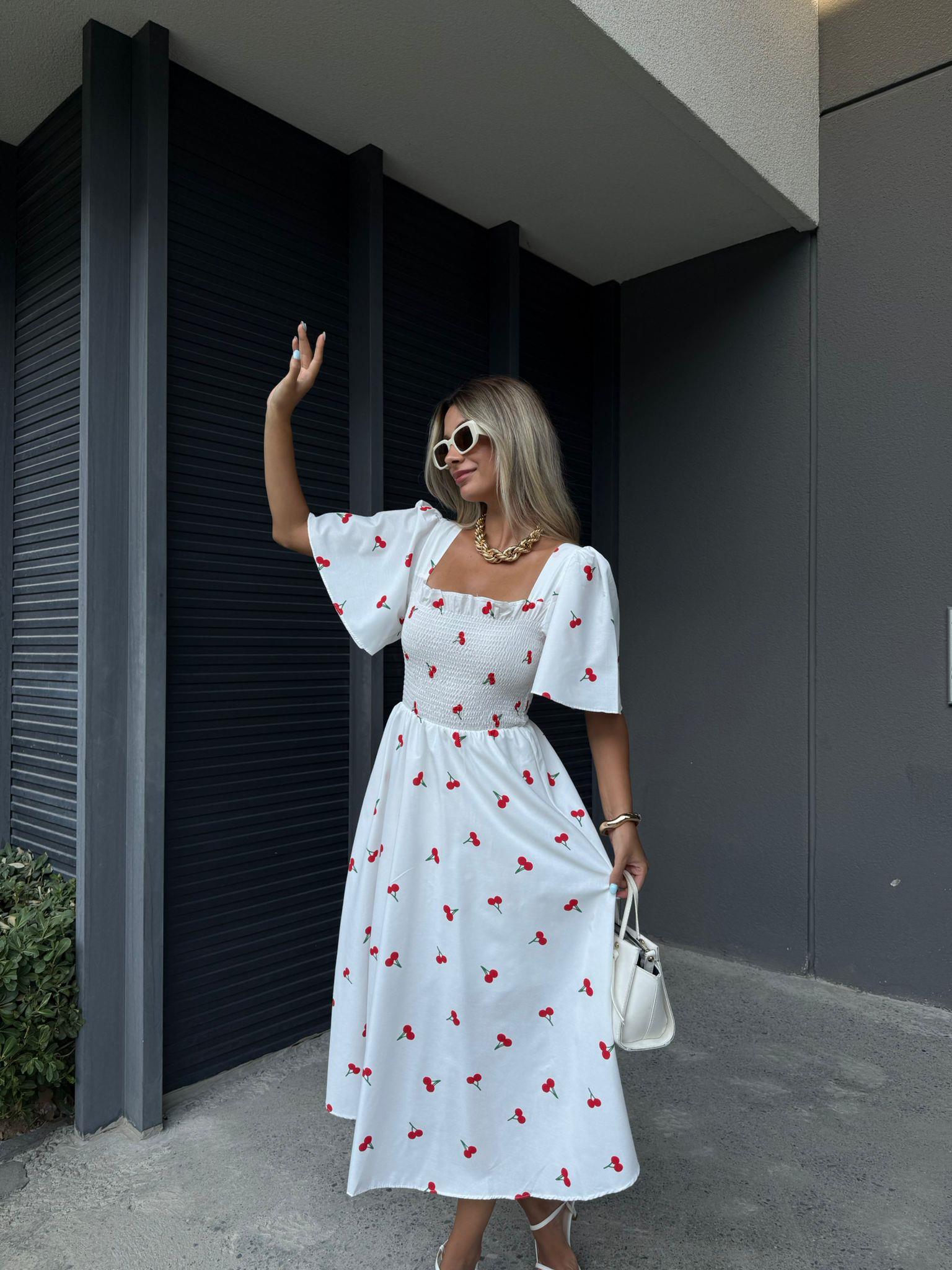 Göğüs Gipeli Kiraz Desenli Beyaz Poplin Elbise