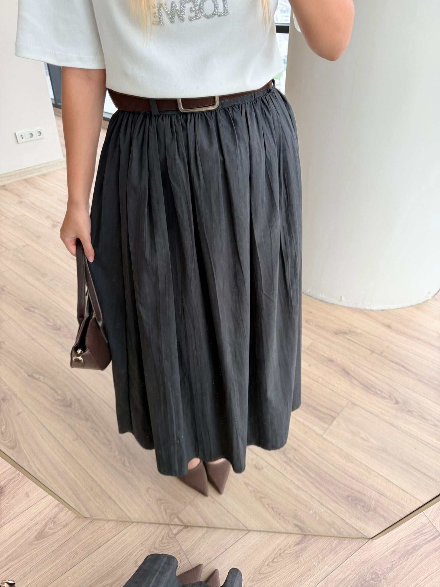 Lina Piliseli Midi Etek – Kemerli Antrasit Kadın Etek