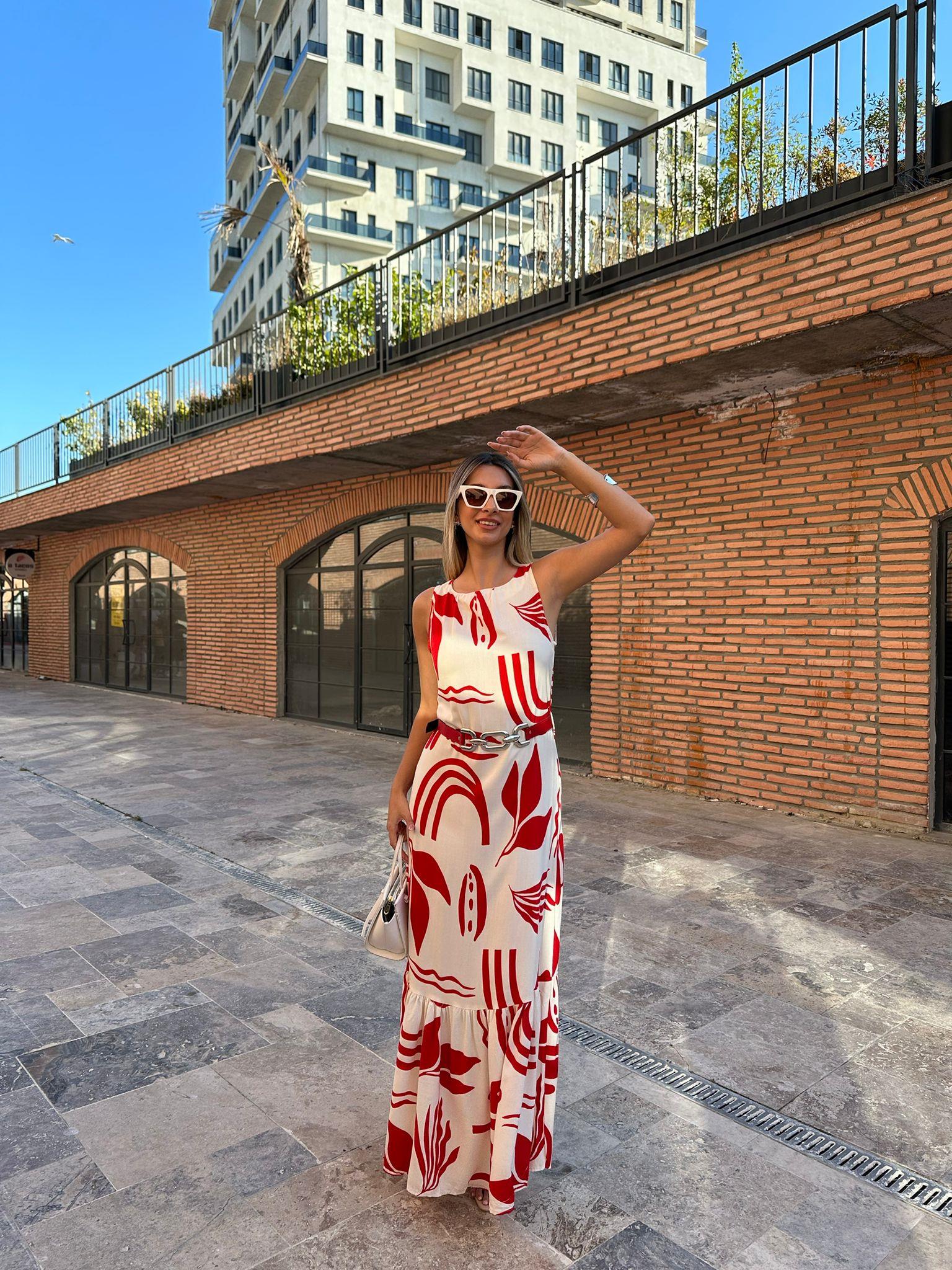 Ferona Zincir Kemerli Kırmızı Desenli Keten Elbise 070621103