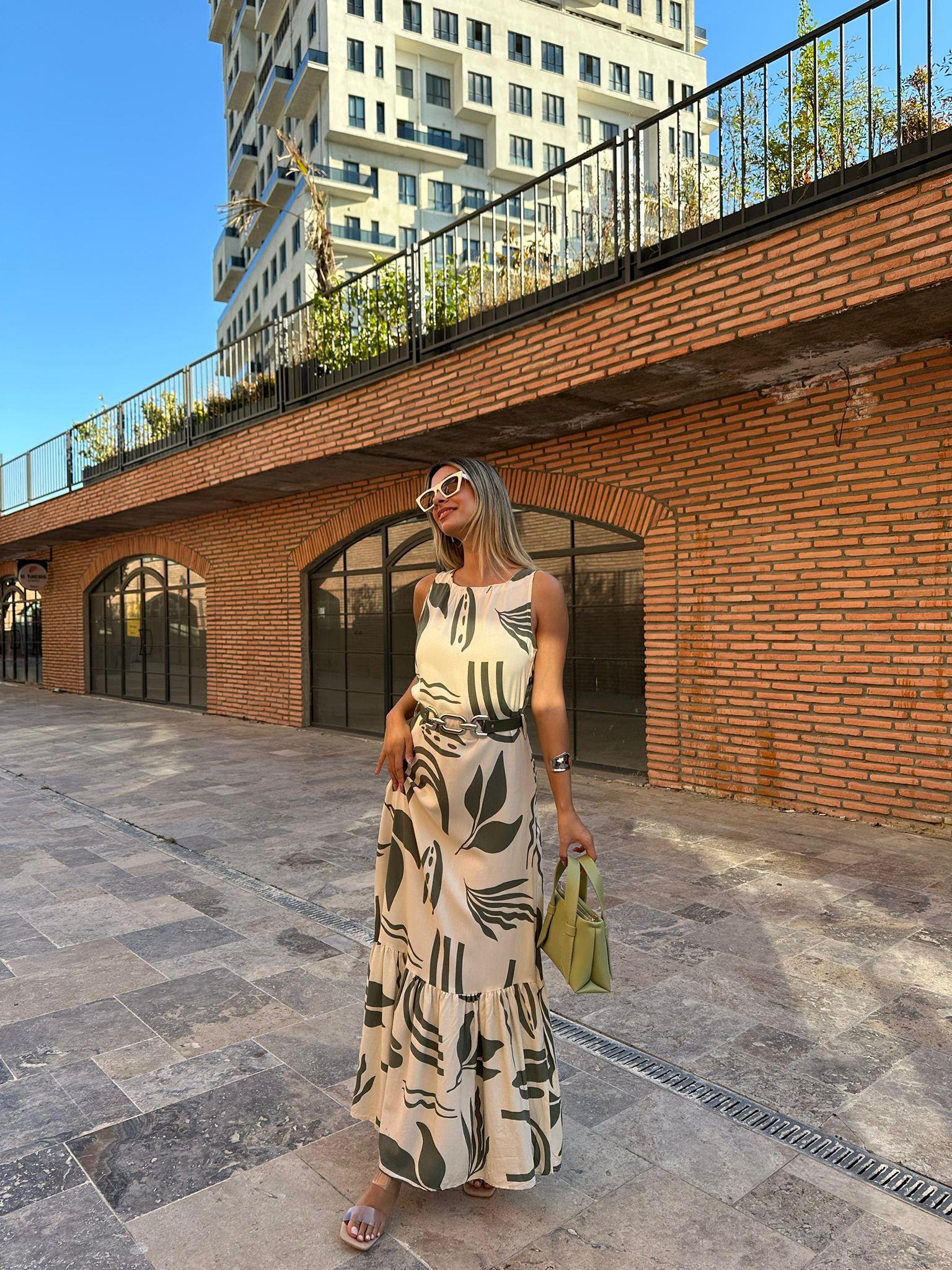 Ferona Zincir Kemerli Yeşil Desenli Keten Elbise 070621103