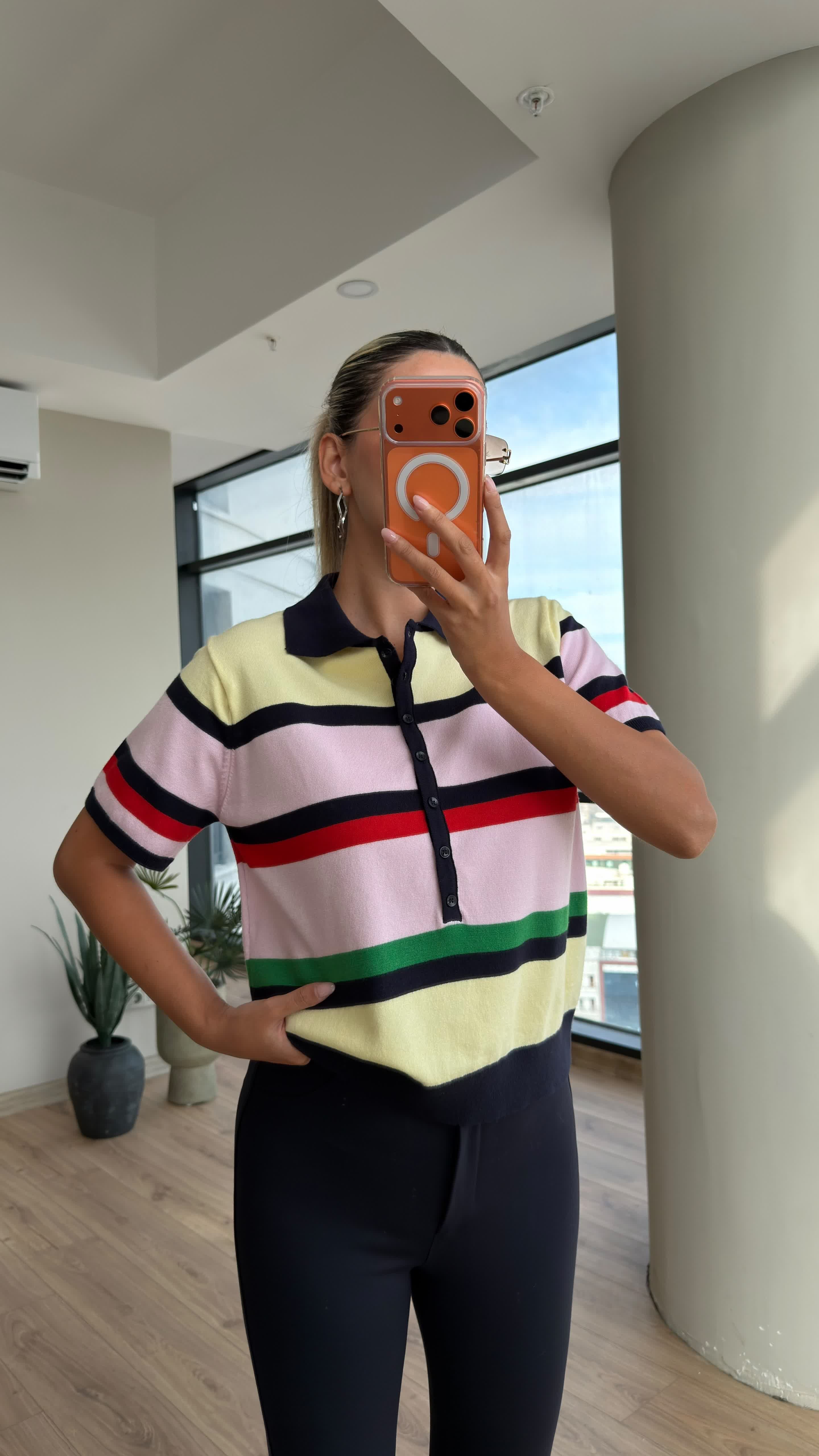 Multicolor Çizgili Polo Yaka Kısa Kollu Bluz