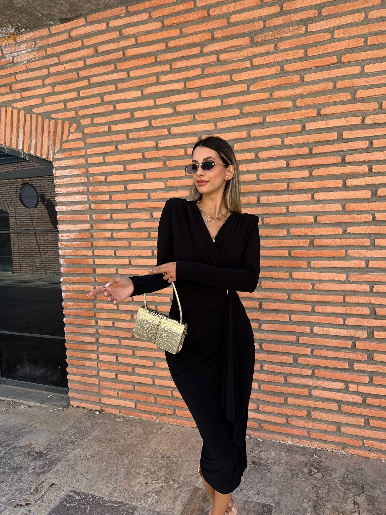 Fiona Siyah Kruvaze Drapeli Elbise kelb1018ny