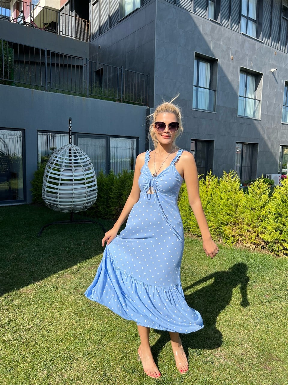 Fırfır Askılı Puantiyeli Mavi Viskon Elbise