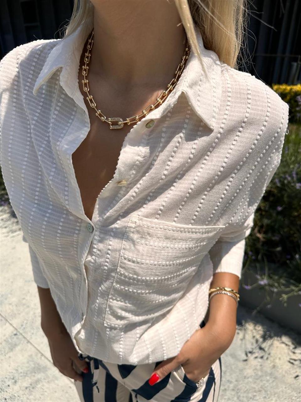 Flok Baskılı Bej Oversize Gömlek 0707292