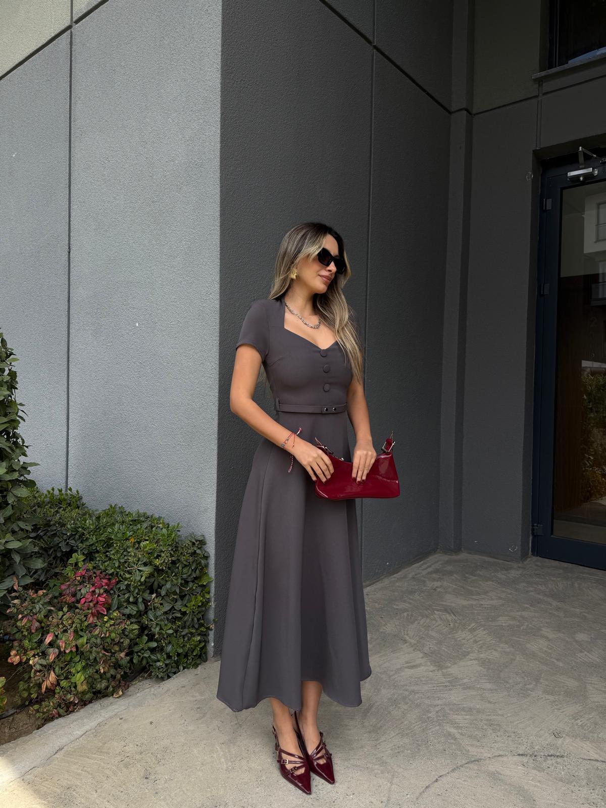 Fransız Yaka Üç Düğme Kemerli Elbise Kül Grisikelb2217ny