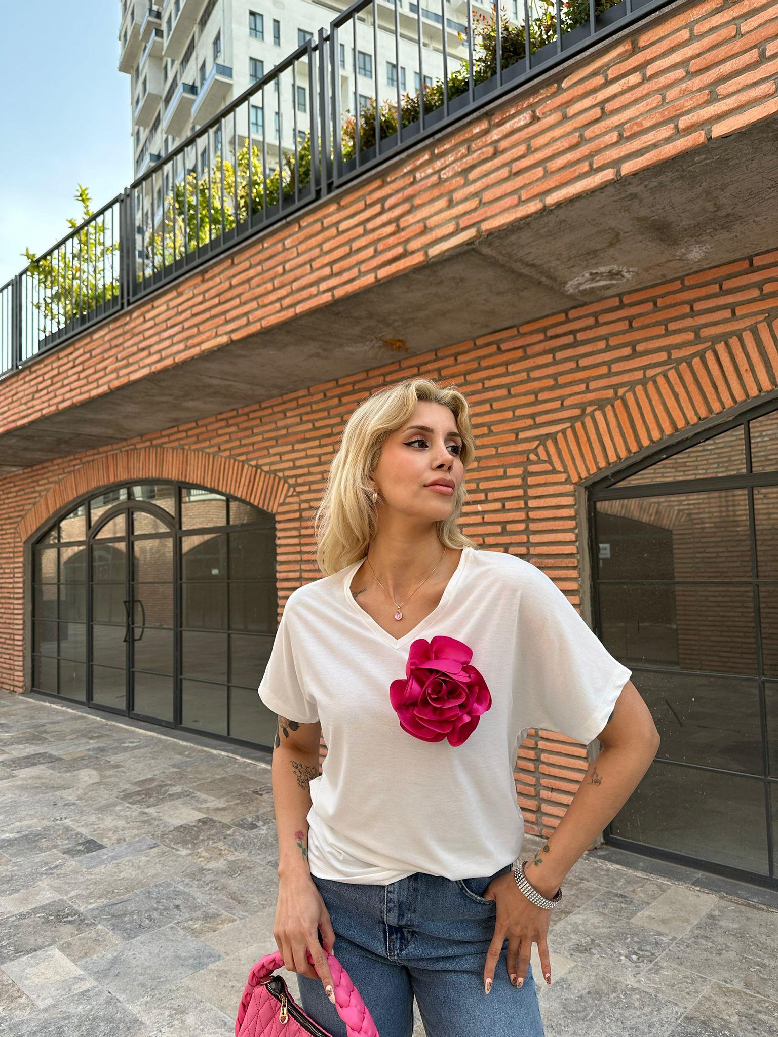 Fuşya Gül Broşlu Basic Tshrt  0706281
