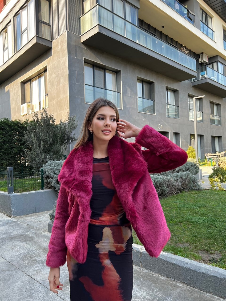 Geniş Yaka Vip Kalite Fuşya Kürk 1964