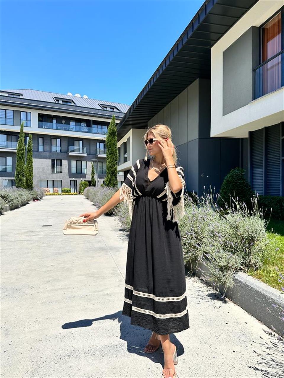 Gloria Dantel Detay Keten Elbise Siyah 1707305