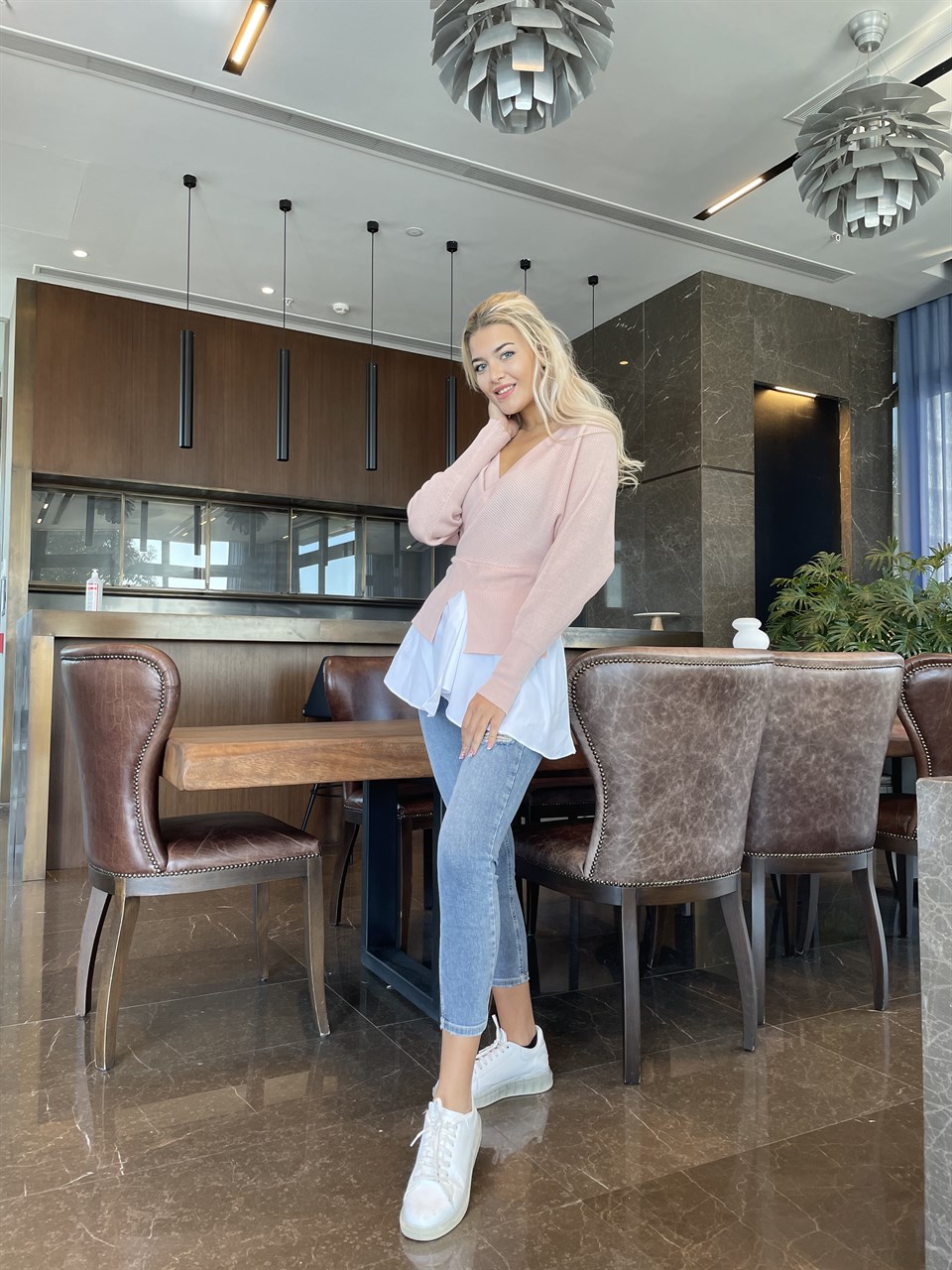 Gömlek Detay Çapraz Yaka Pudra Triko