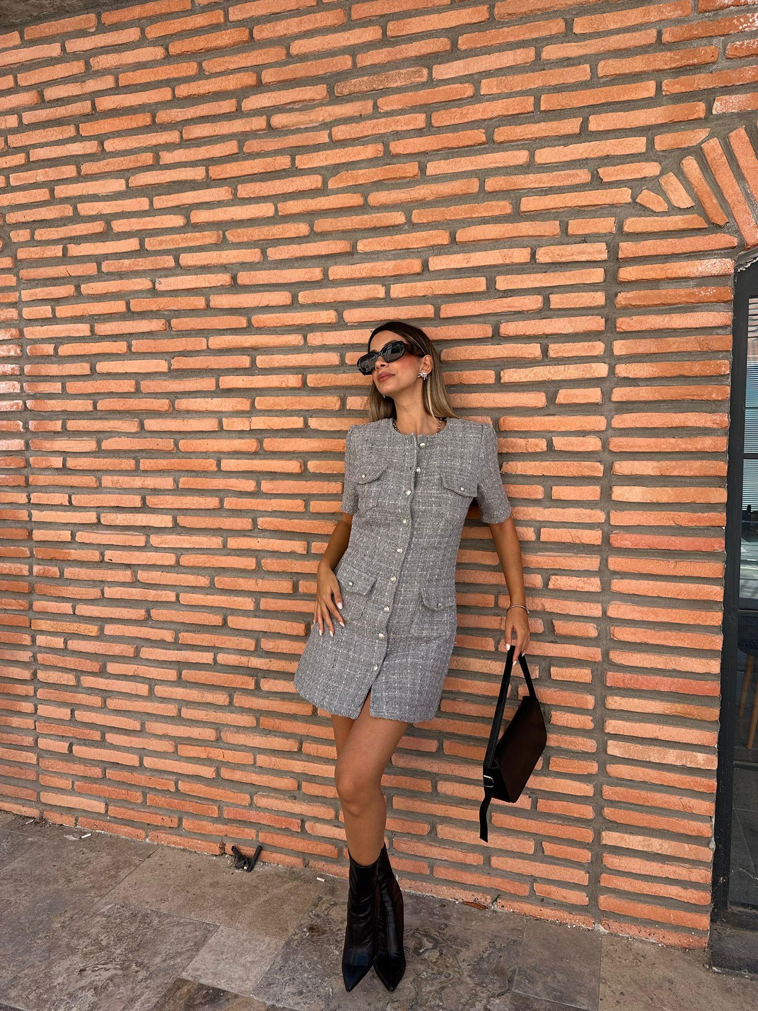 Gri Sıfır Yaka Tüvit Elbise 070621214