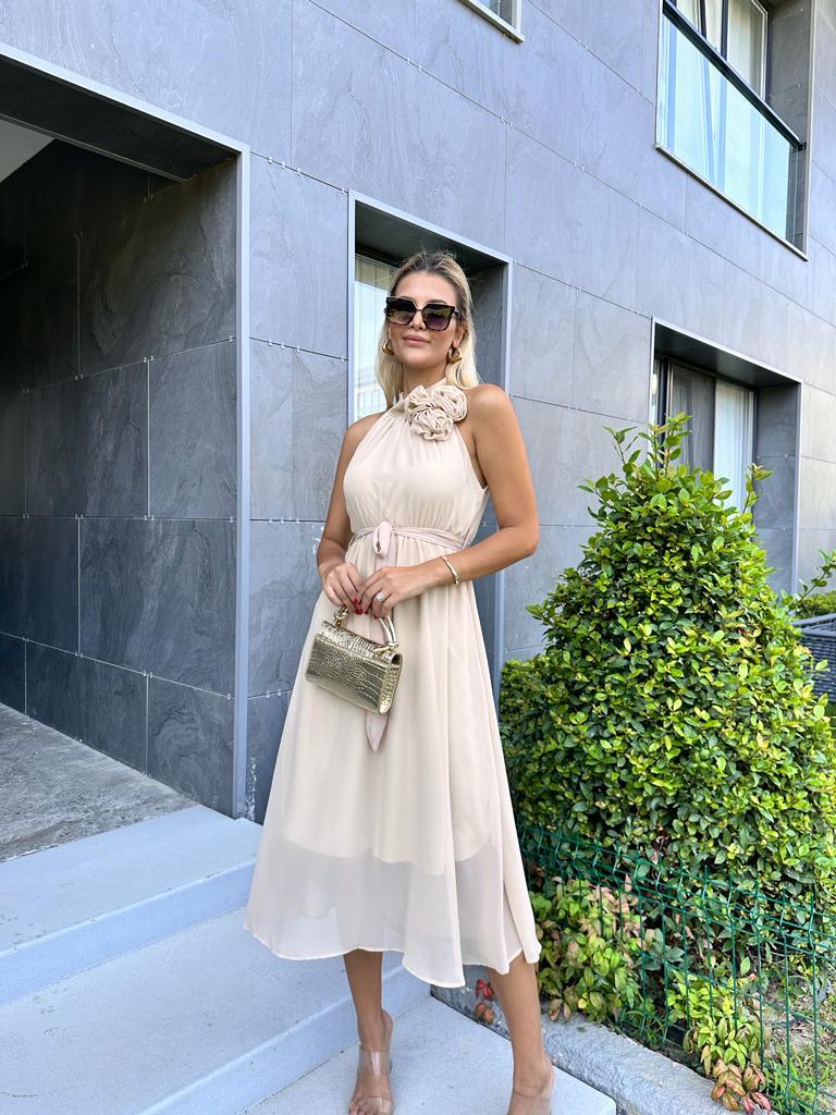 Gül Broşlu Şifon Elbise Krem 1707350