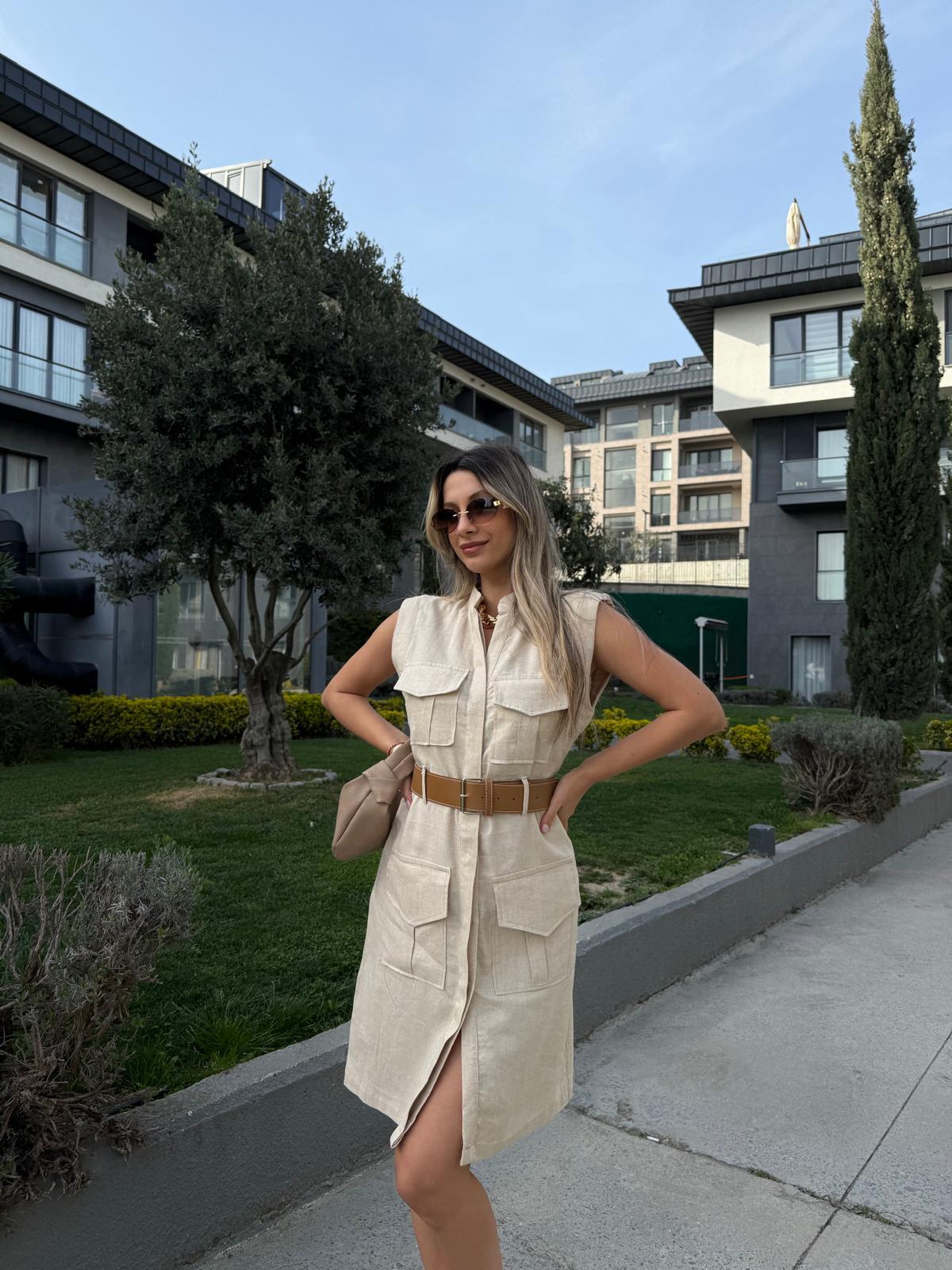 Hakim Yaka Kalın Kemerli Keten Elbise Taşyelb3006ent