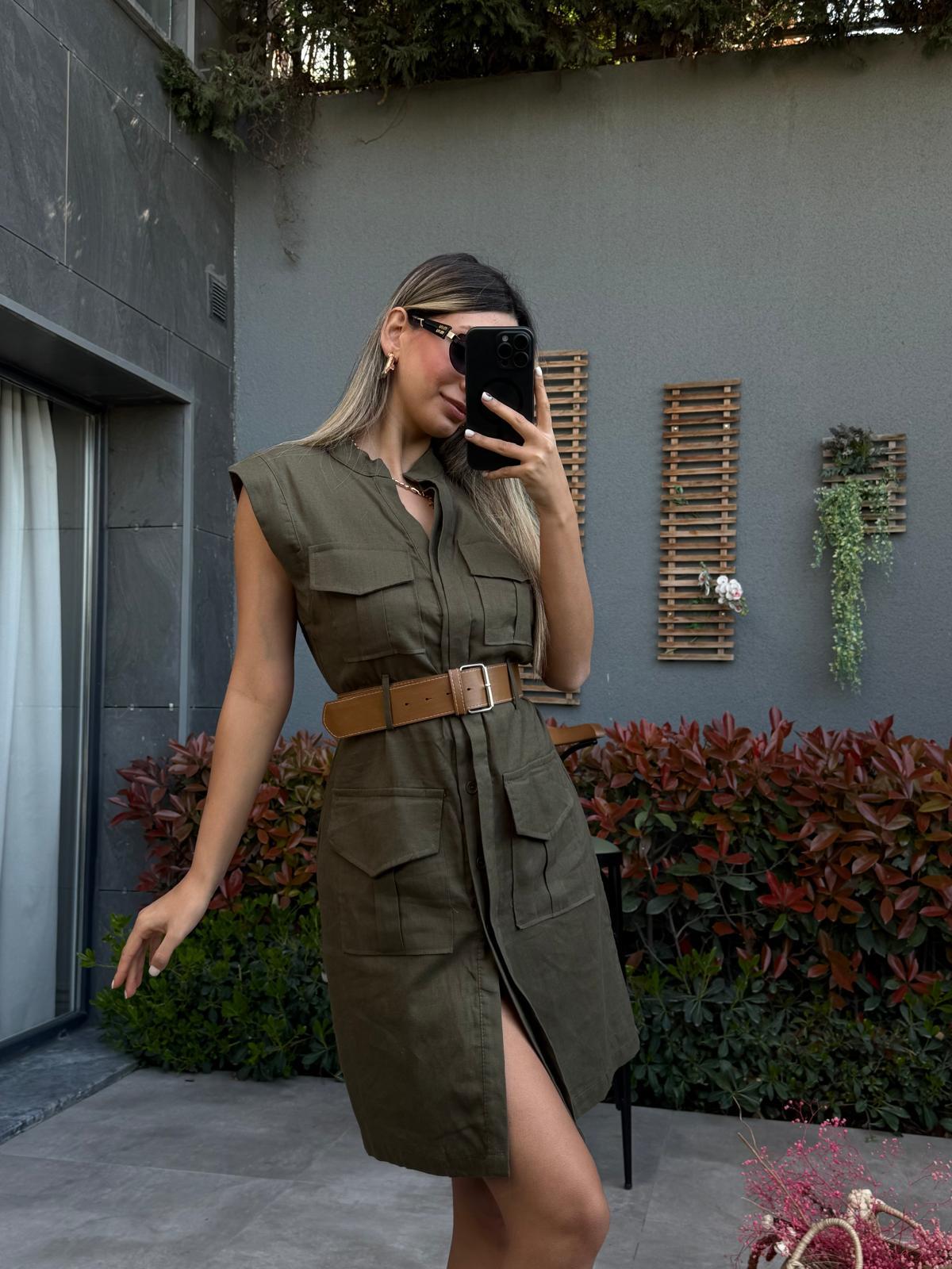 Hakim Yaka Kalın Kemerli Keten Elbise Hakiyelb3006ent