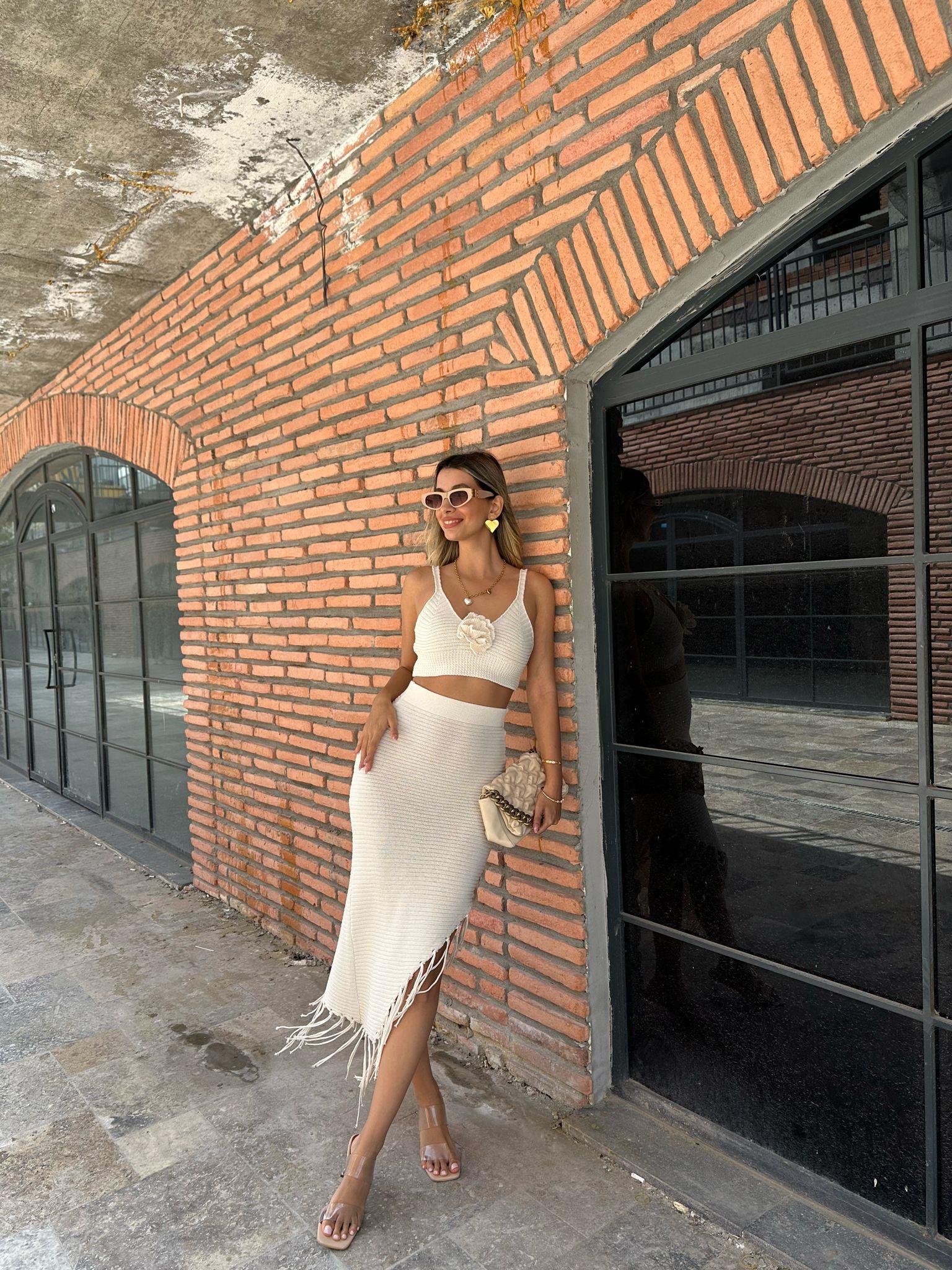 Ham Ekru Gül Örmeli İkili Triko Takım 07062179