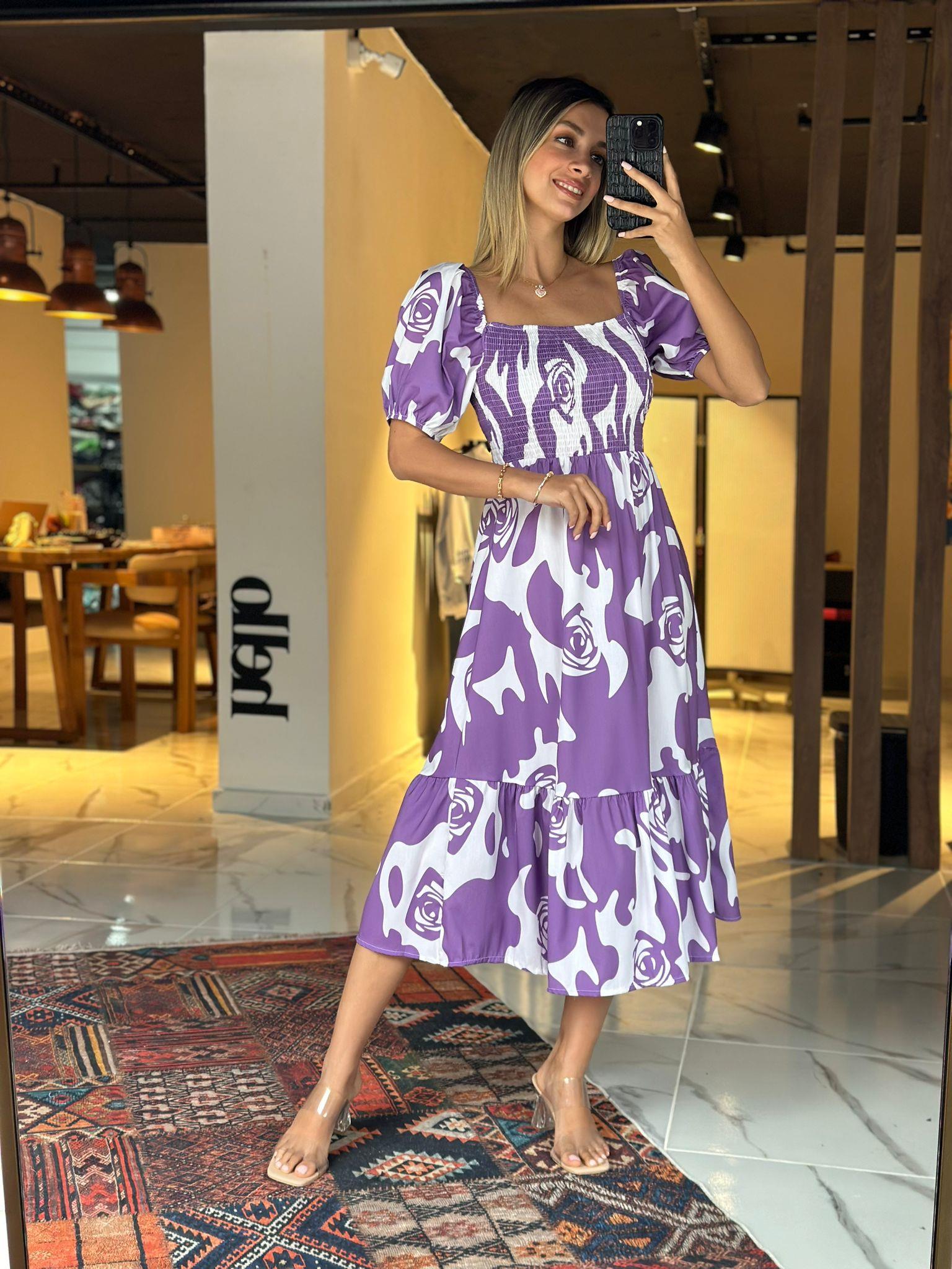 Helis Lila Beyaz Desenli Poplin Elbise  07062147