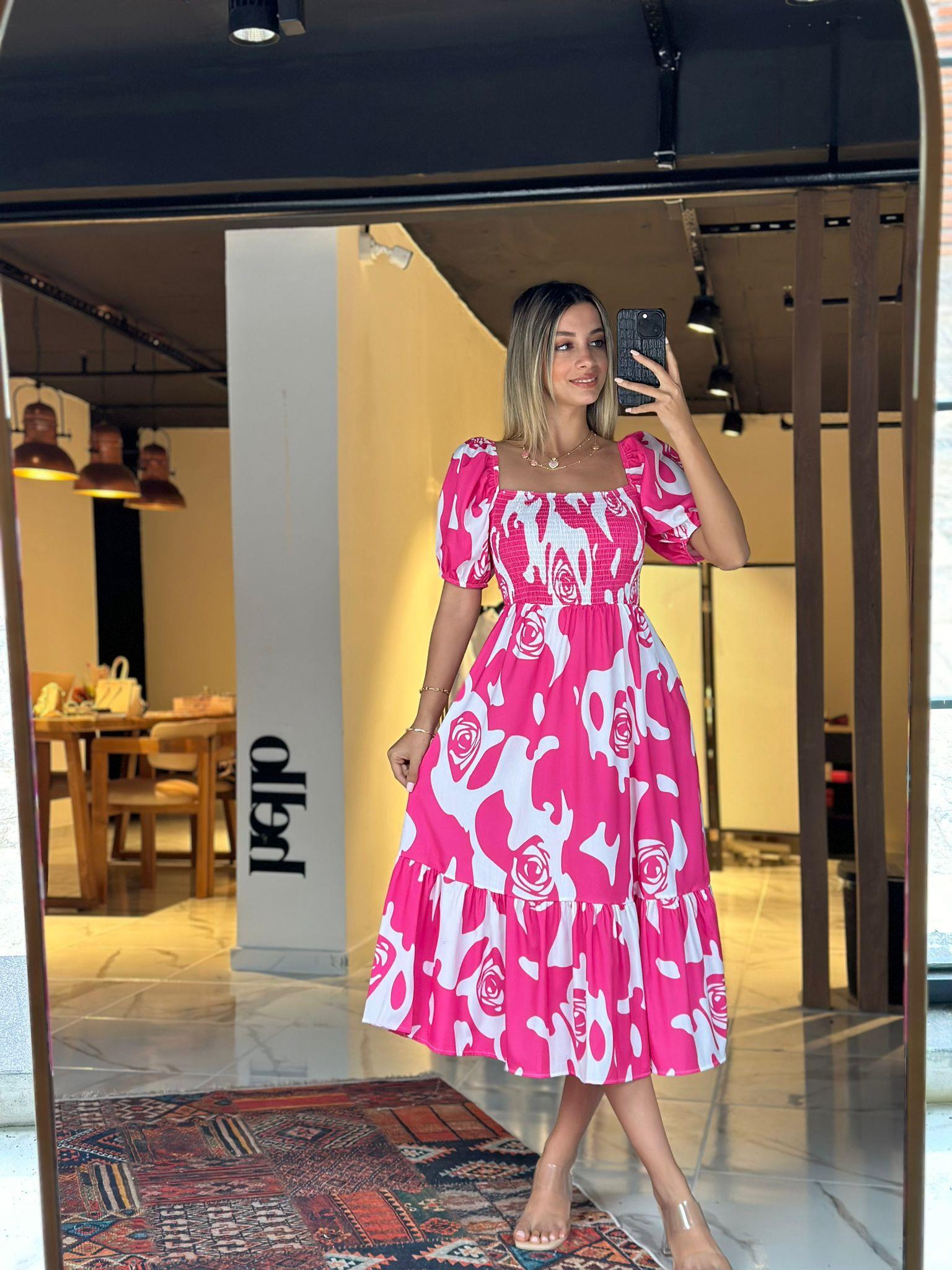 Helis Pembe Beyaz Desenli Poplin Elbise  07062147
