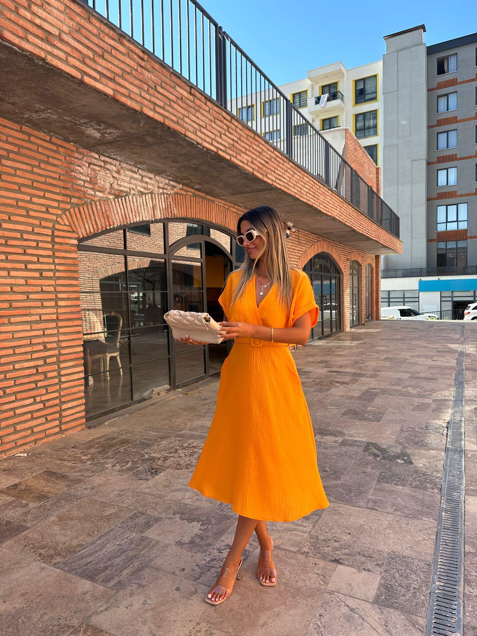 Hola Kemerli Turuncu Elbise 070621178