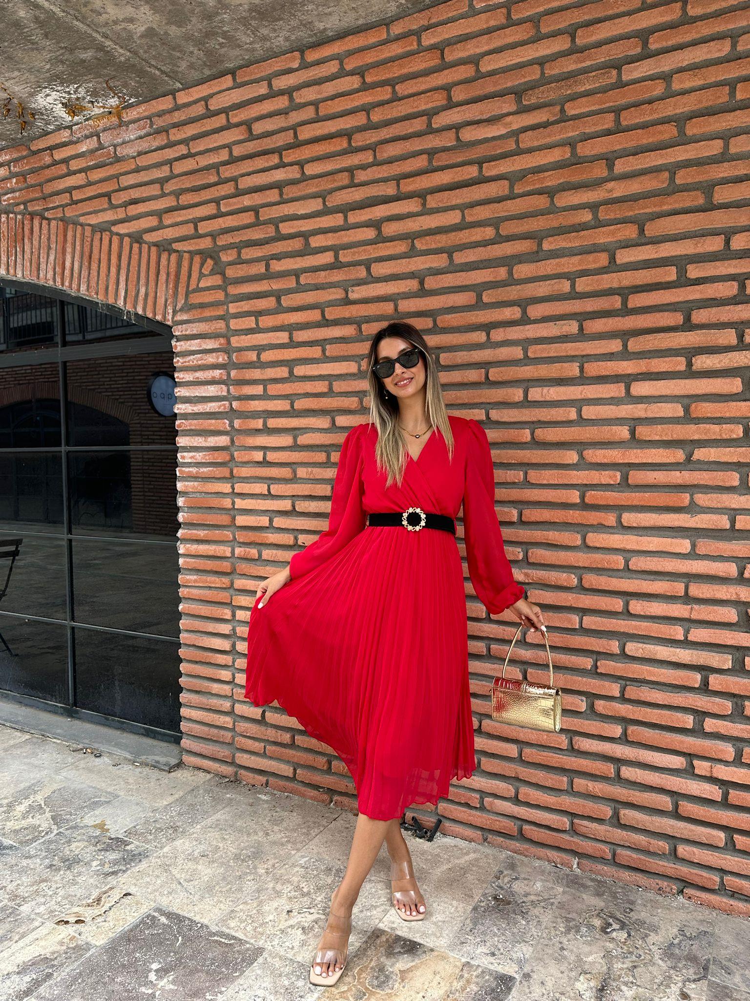 İnolia Kemeri Taşlı Kruvaze Şifon Kırmızı Elbise 0706211105