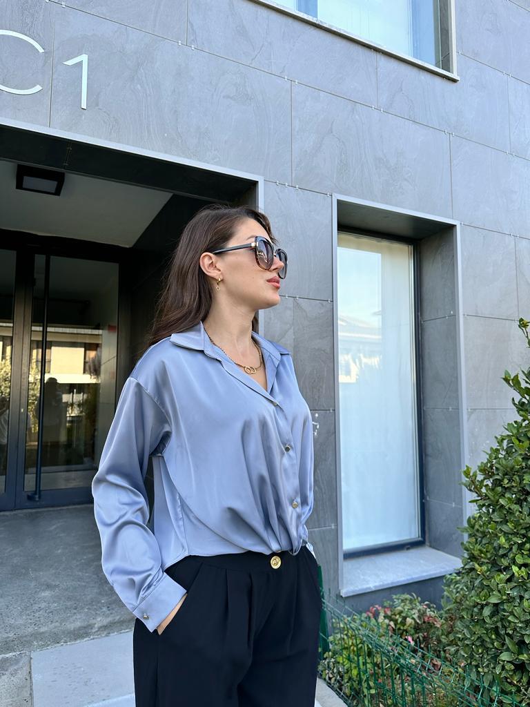 İpek Saten Önü Büzgülü Gömlek İndigo 1707410