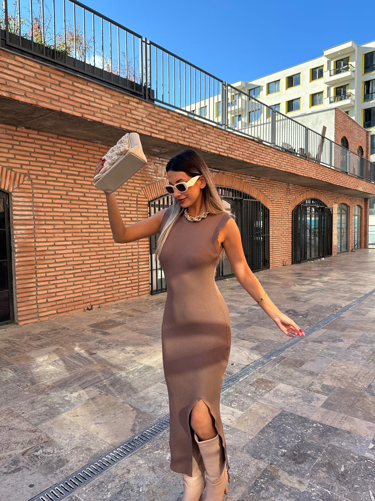 İpek Triko Mass Duti Kahverengi Kalem Elbise kelb2001sga