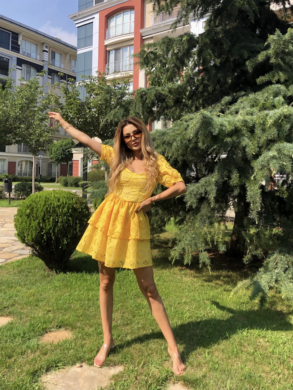 İthal Full Güpür Hardal Elbise