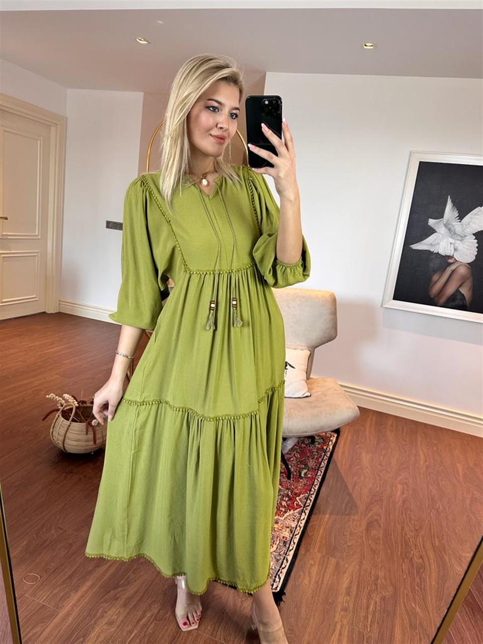 İthal Model Boncuk Detay Ham Keten Elbise Yeşil 1005225