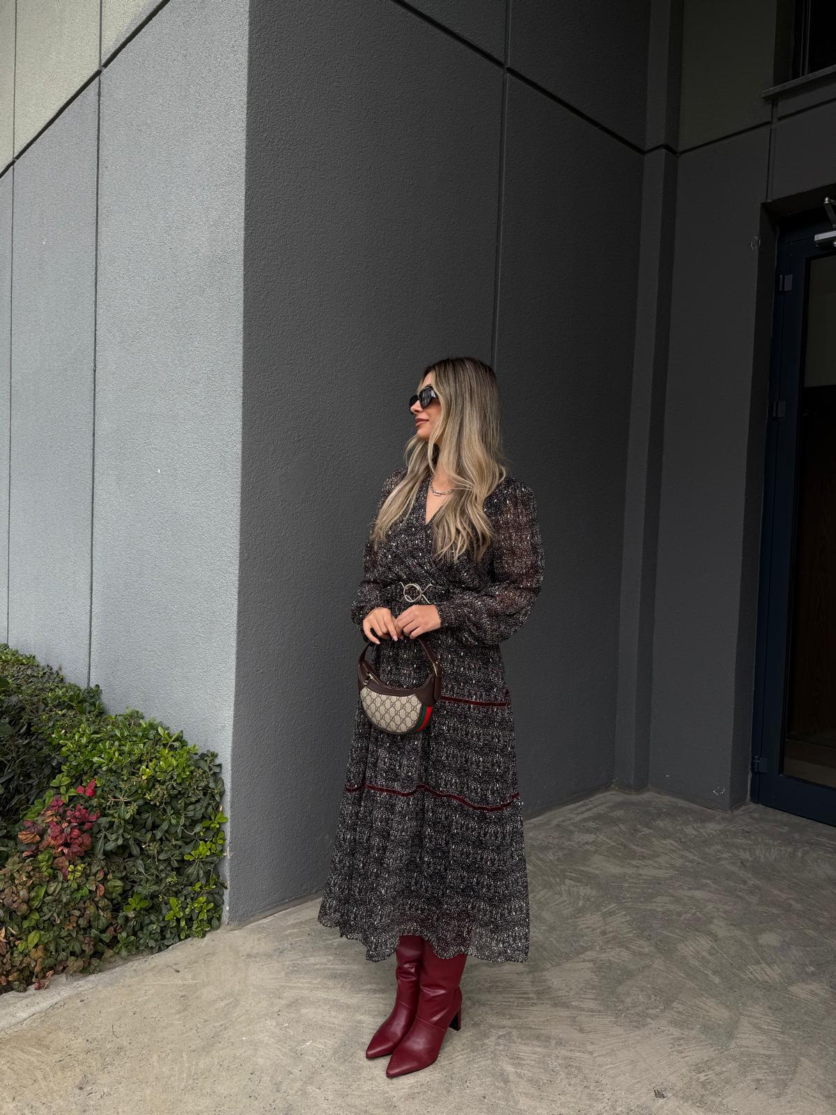 Kadife Şeritli İthal Yakma Şifon Elbise kelb2185grs