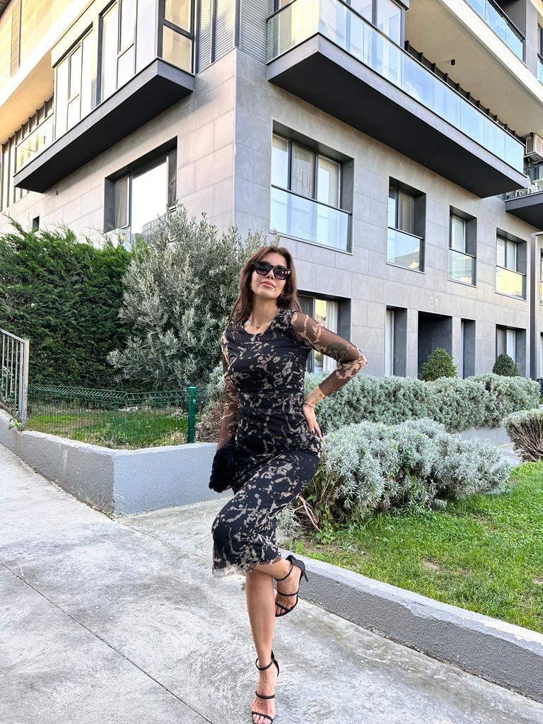 Kahve Desenli Tül Elbise 1707472
