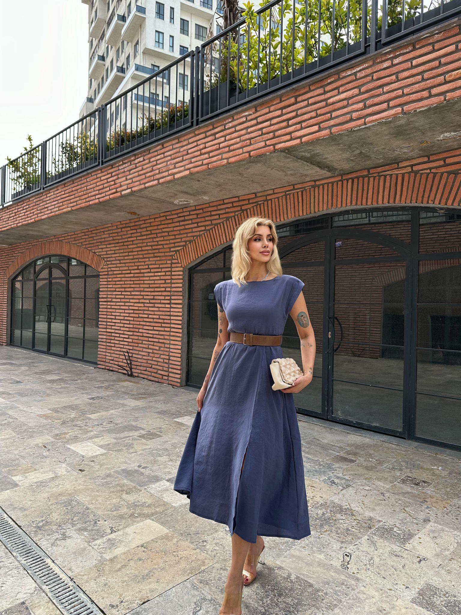 Kahverengi Kemerli Modal Kumaş İndigo Kolsuz Elbise 0706270
