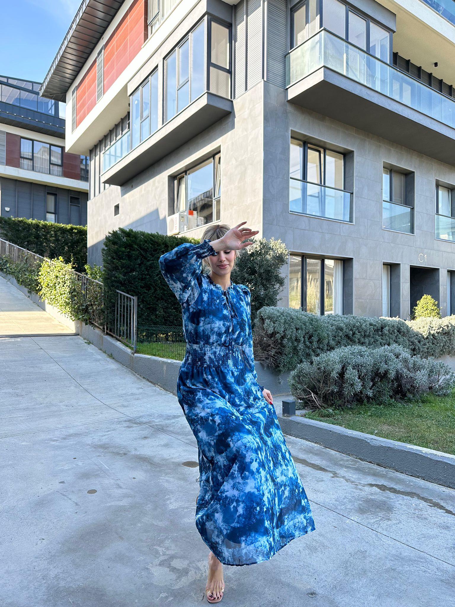 Kanny Bel Lastikli Astarlı Şİfon Elbise Mavi  17074523