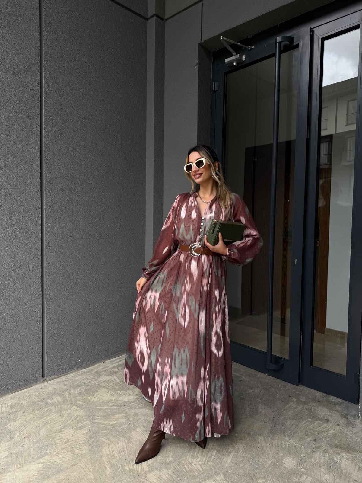 Kapadokya Desen Kemerli Elbise kelb2110ru