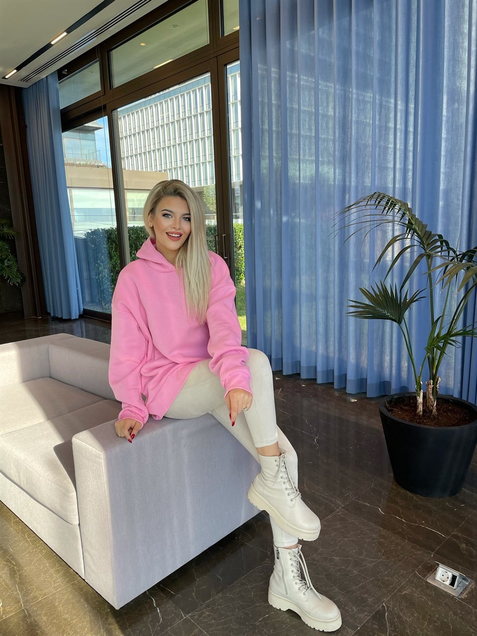 Kapüşonlu Pembe İthal Sweat