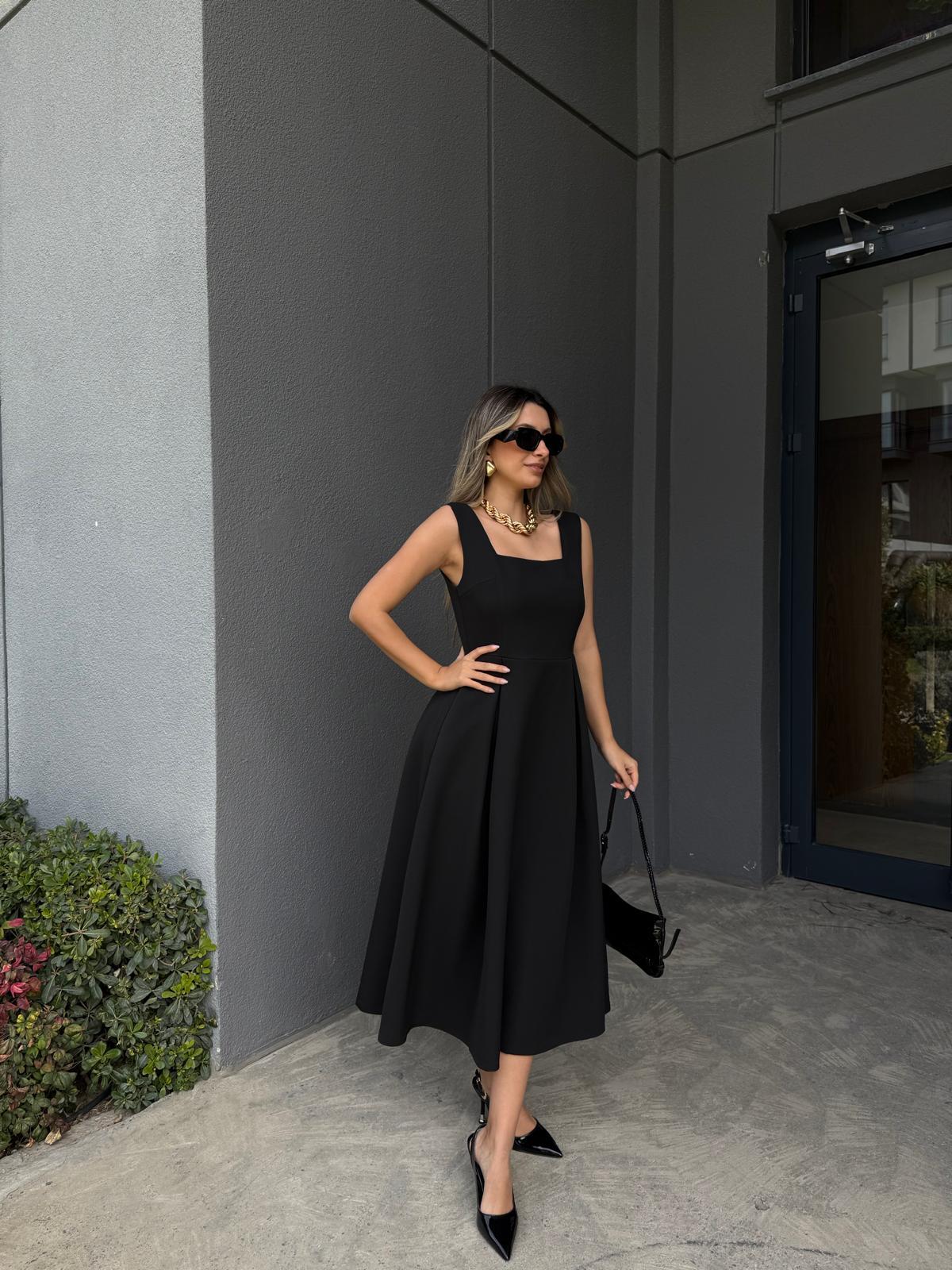 Kare Yaka Pileli Double Elbise Siyah kelb2222swmn