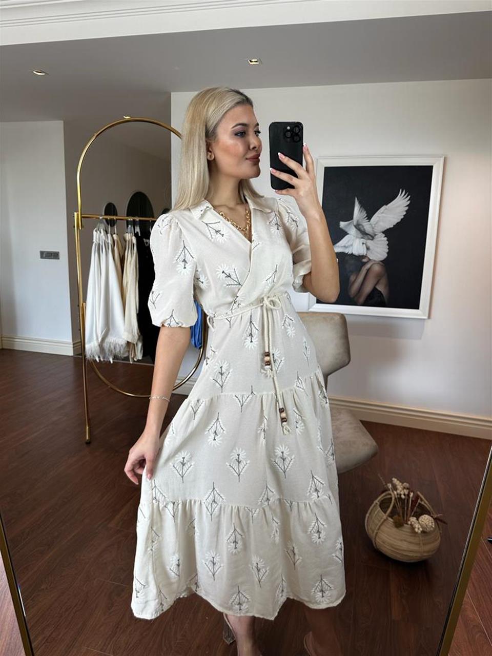 Katya Flok Çiçekli Kruvaze Keten Elbise Siyah 0305166