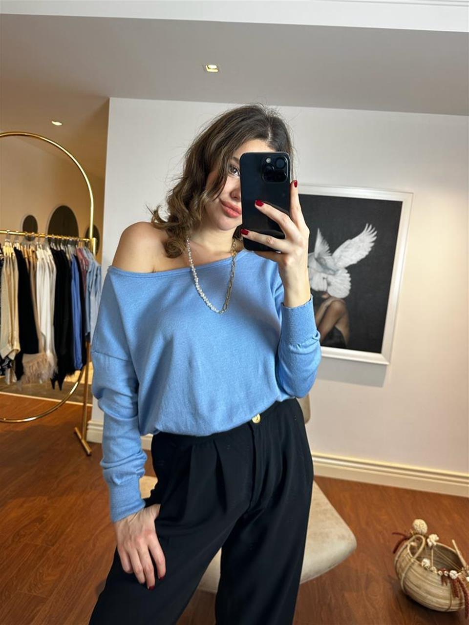 Kayık Yaka Baharlık Elit İnce Triko Mavi 230252