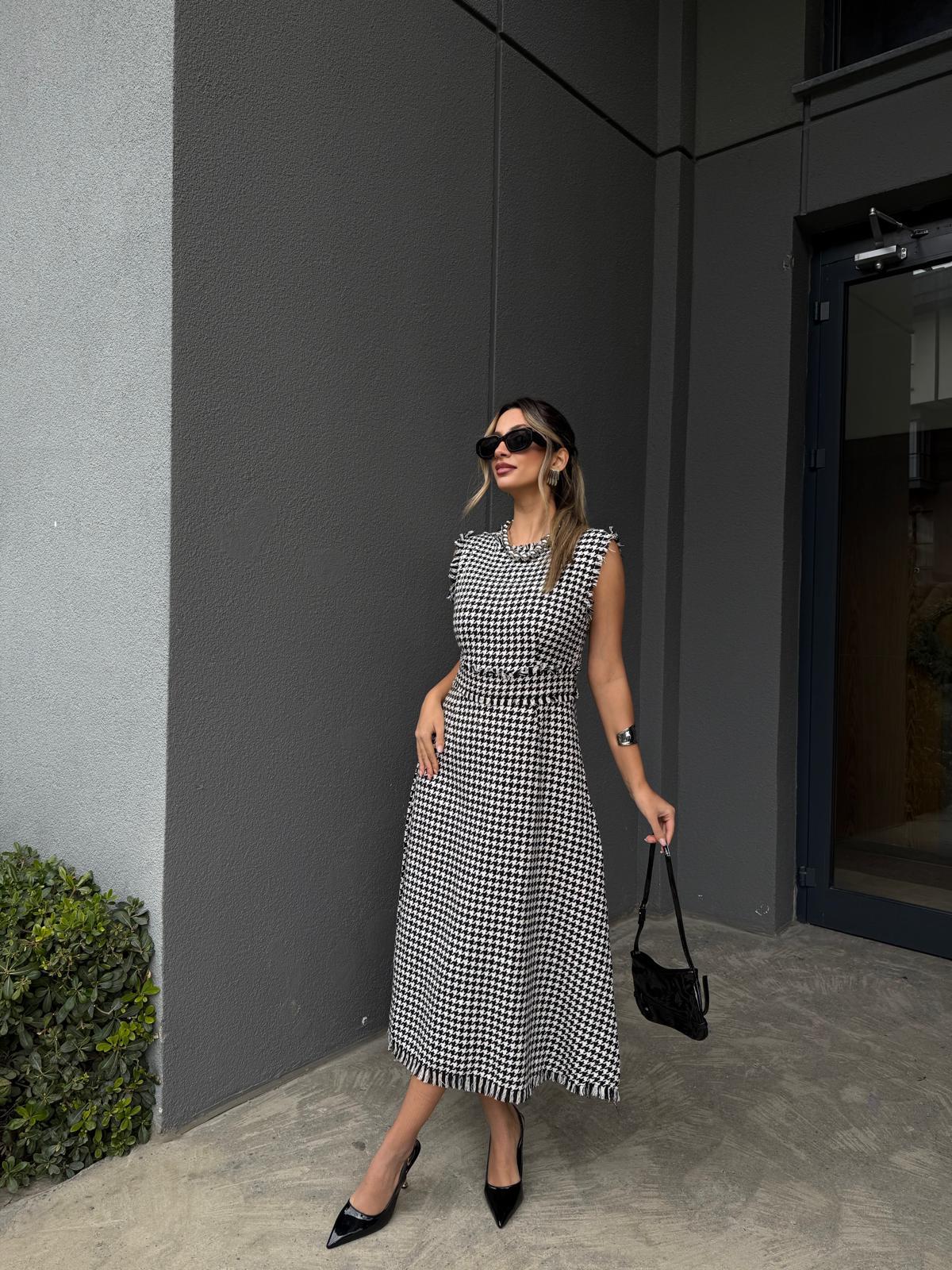 Kazayağı Desen Saçaklı Elbise kelb2095swmn