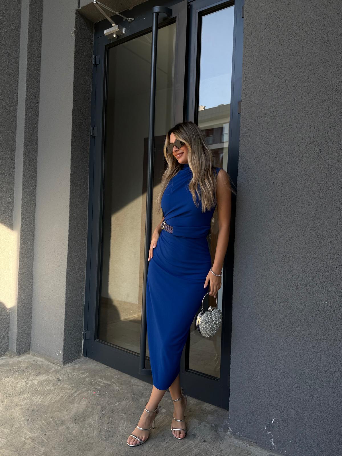 Kemer Detay Drapeli Kalem Elbise Mavi kelb2093ny