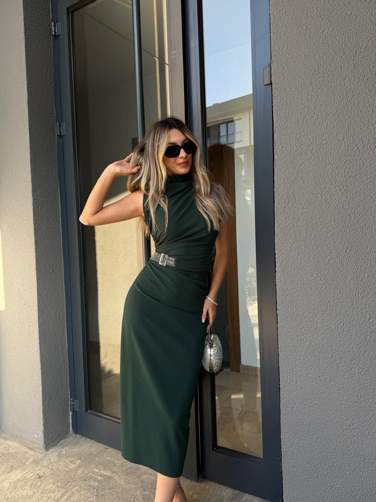 Kemer Detay Drapeli Kalem Elbise Yeşil kelb2093ny