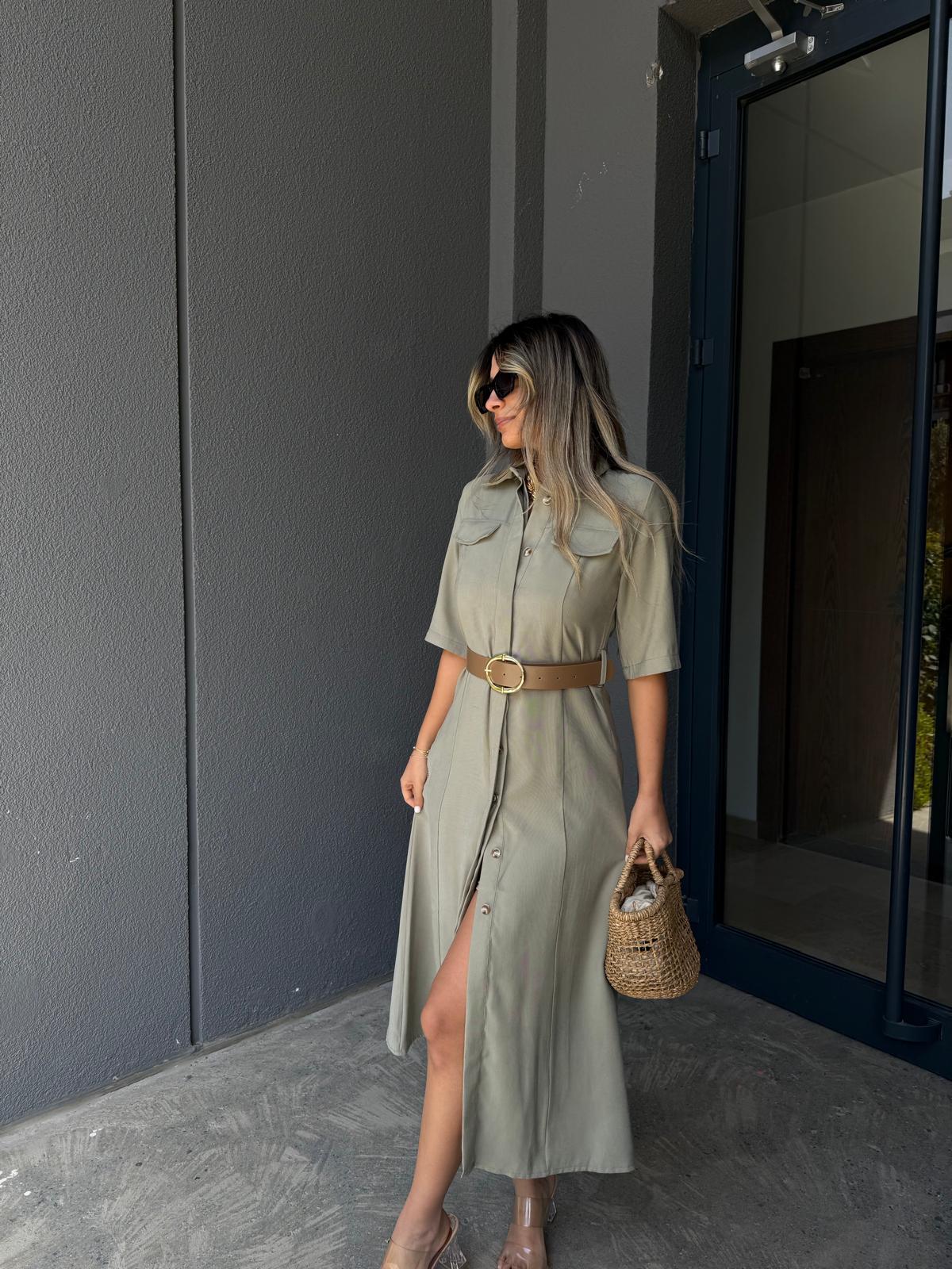 Kemerli Modal Kumaş Yeşil Gömlek Elbiseyelb3015flw