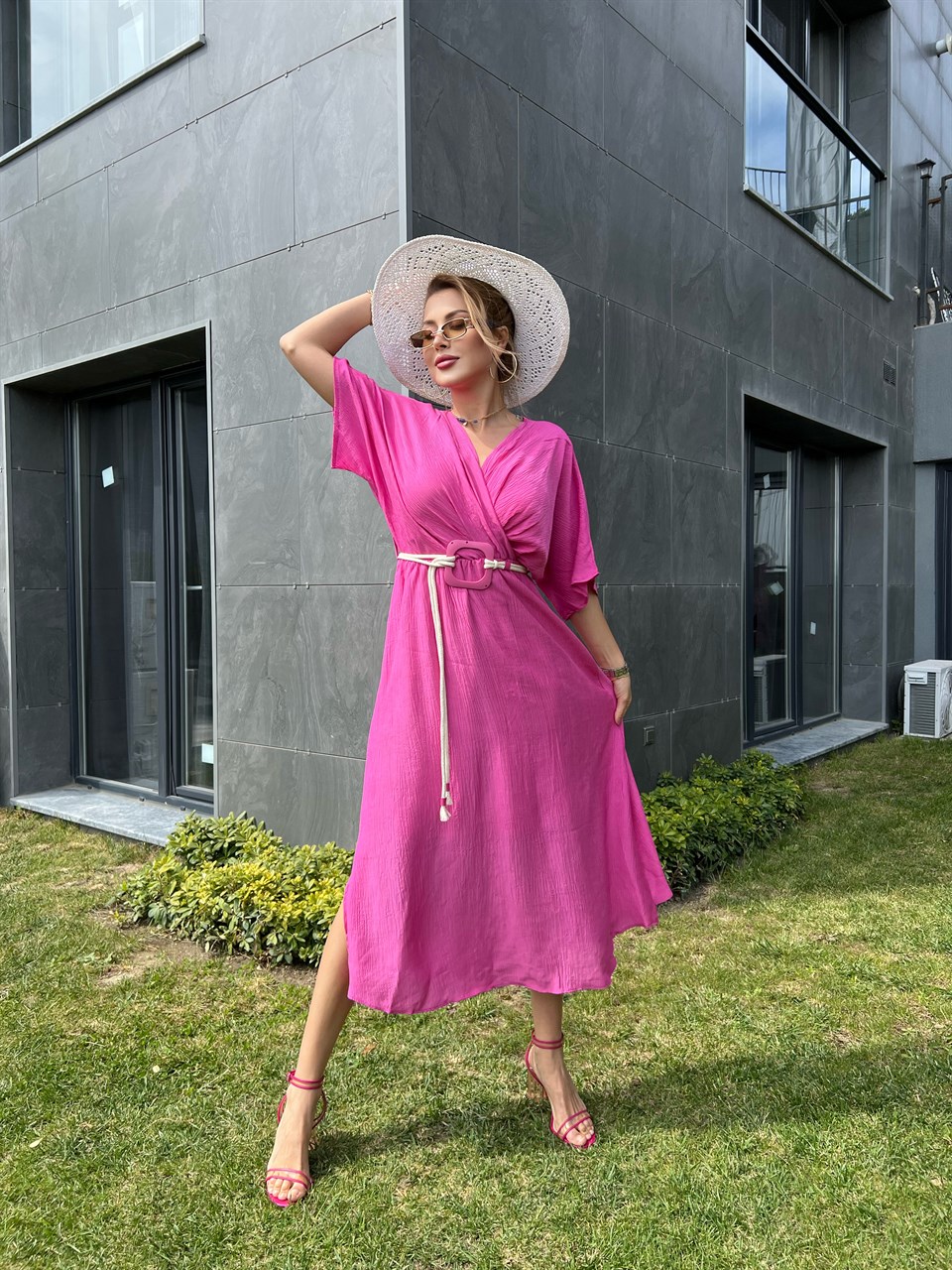 Kemerli Pembe Sasha Elbise