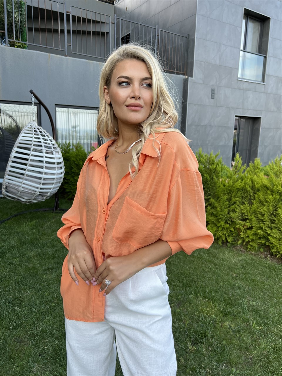 Kitsy Turuncu Oversize Keten Gömlek