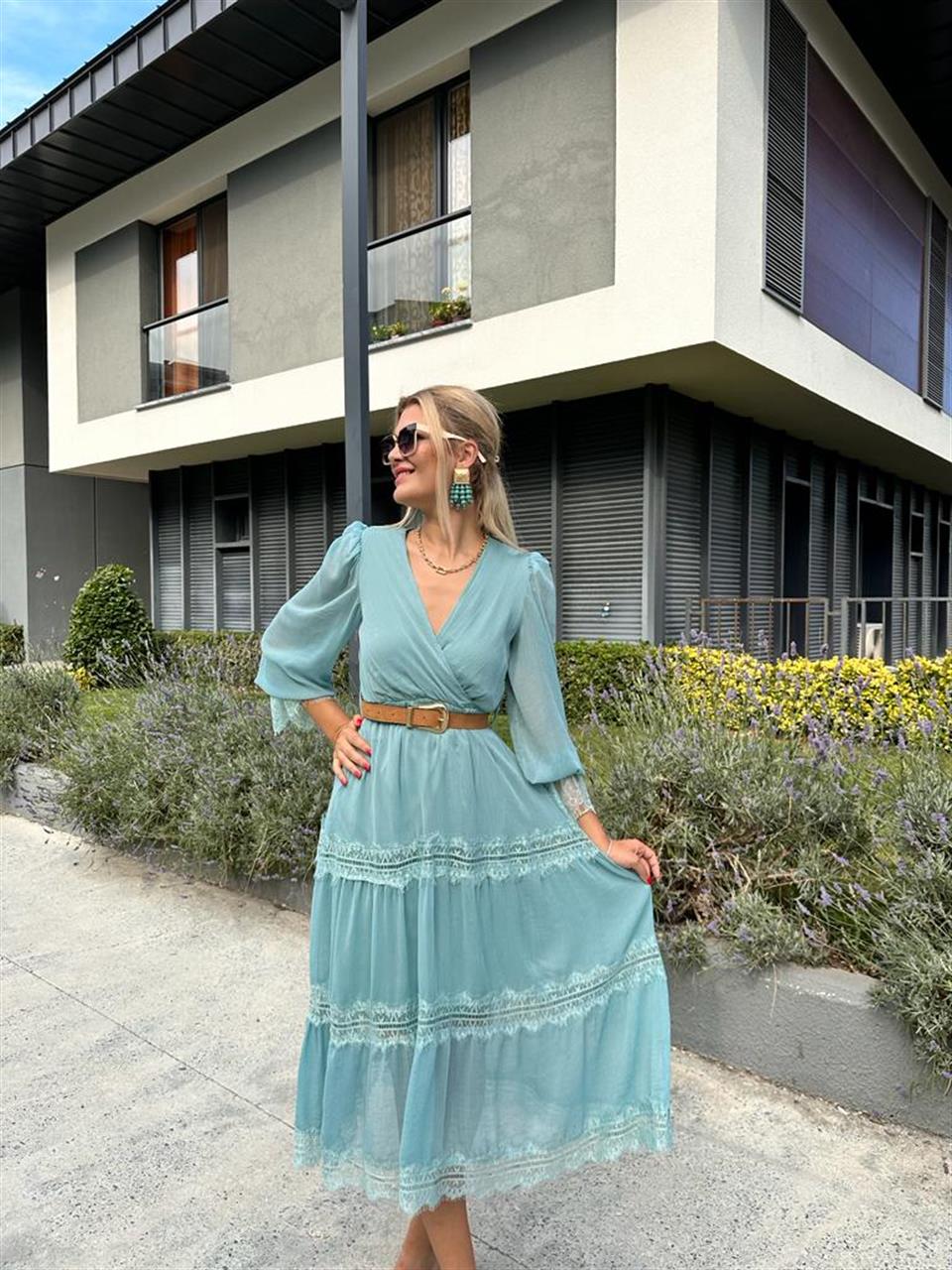 Kolları Dantelli Kemerli Mint Yeşili Elbise 1506275