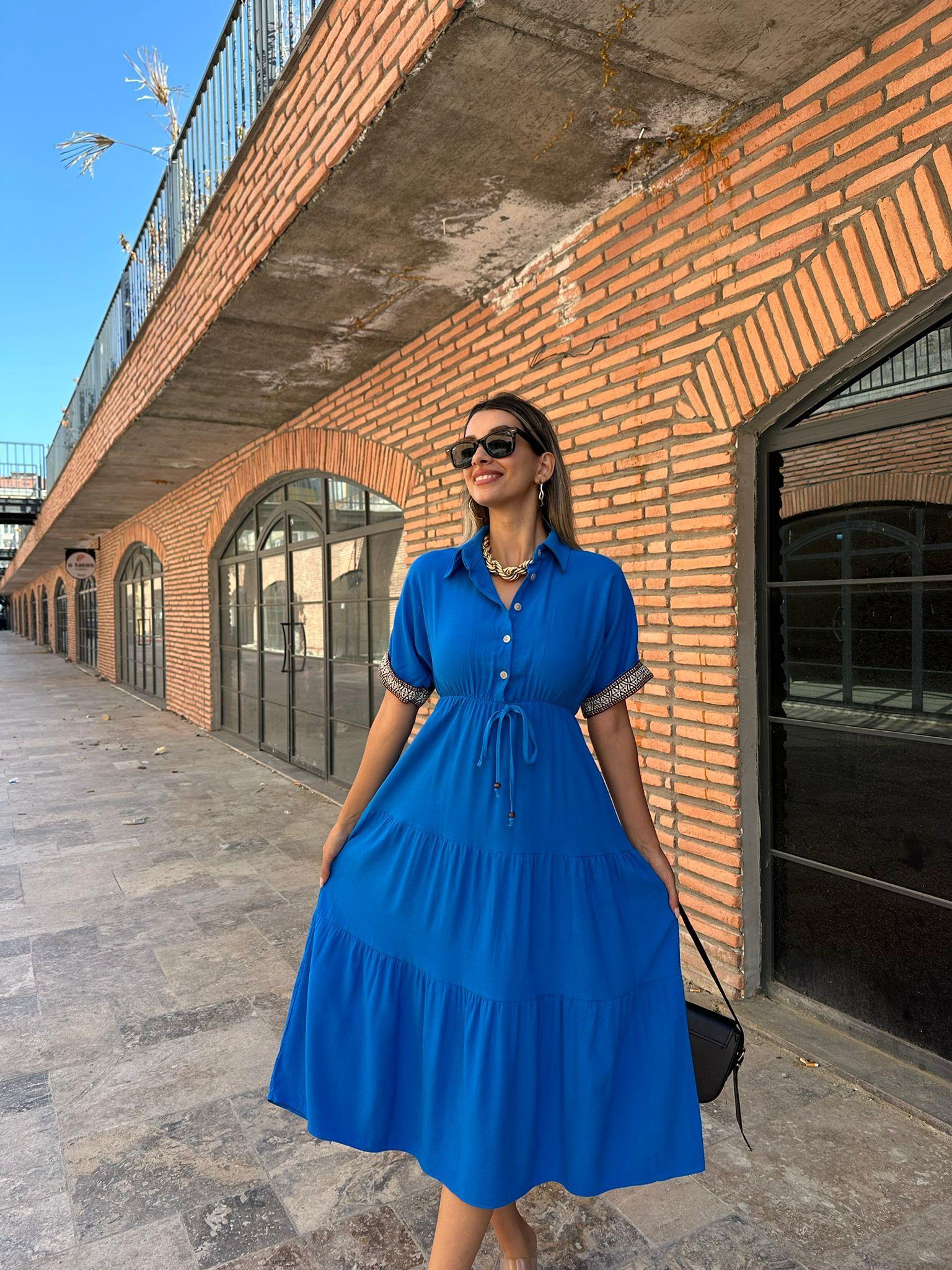 Kolları İşlemeli Keten Elbise Saks 070621139