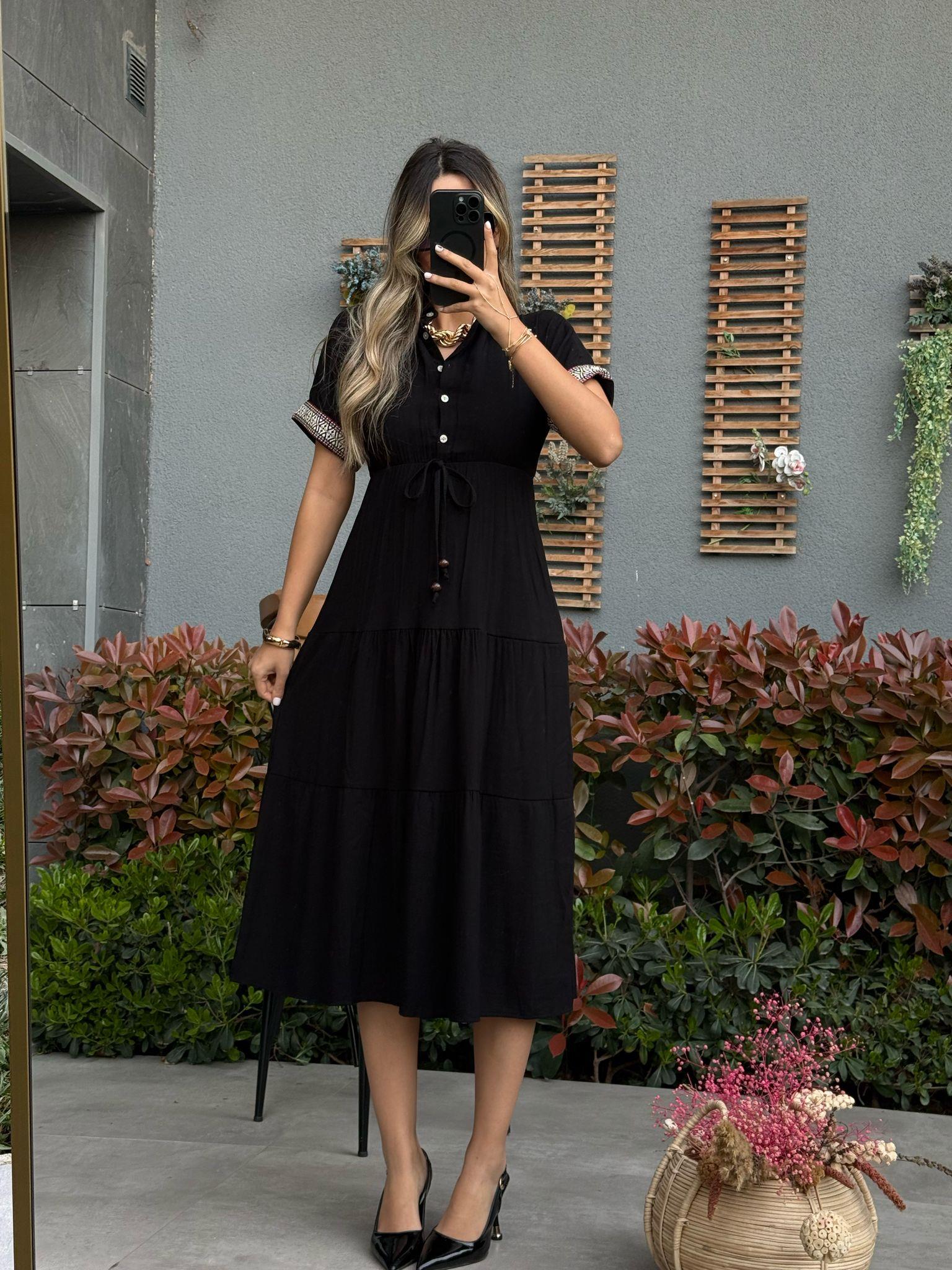 Kolları İşlemeli Keten Elbise Siyah070621139