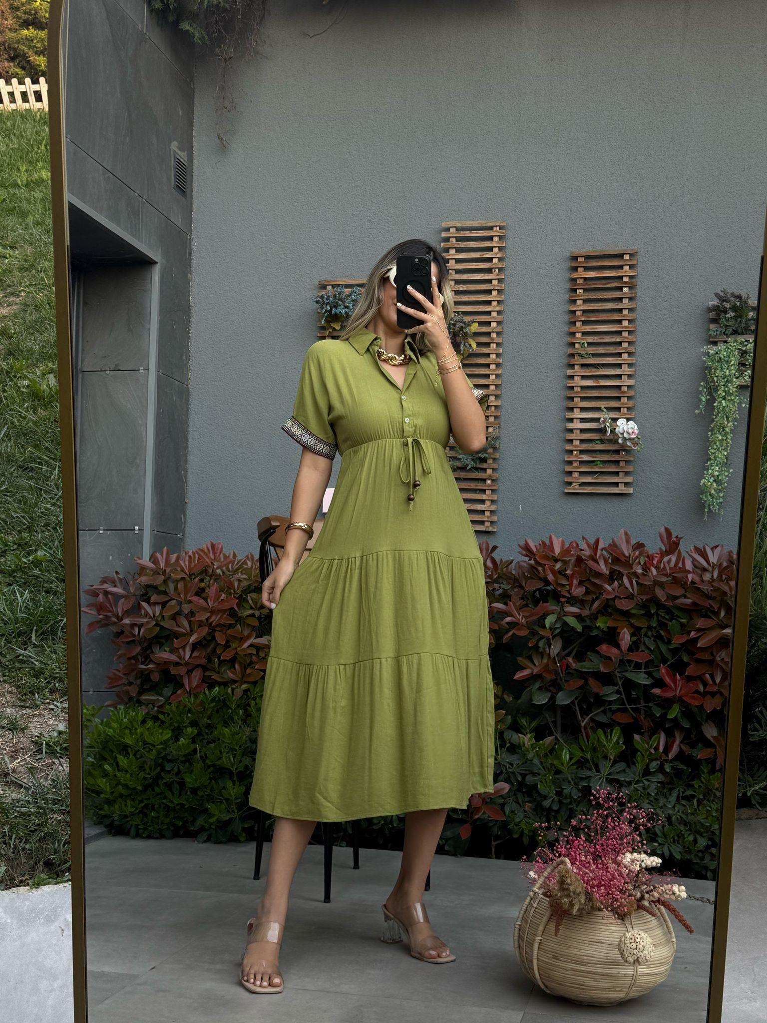 Kolları İşlemeli Keten Elbise Yeşil070621139