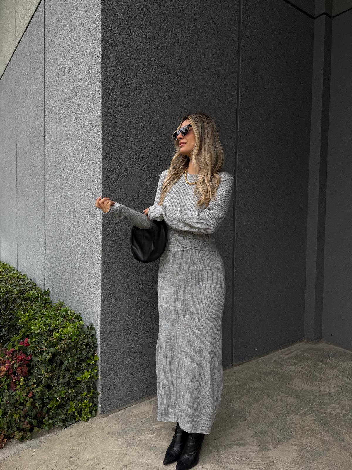 Korse Bağlamalı Gri Triko Elbise kelb2113grs