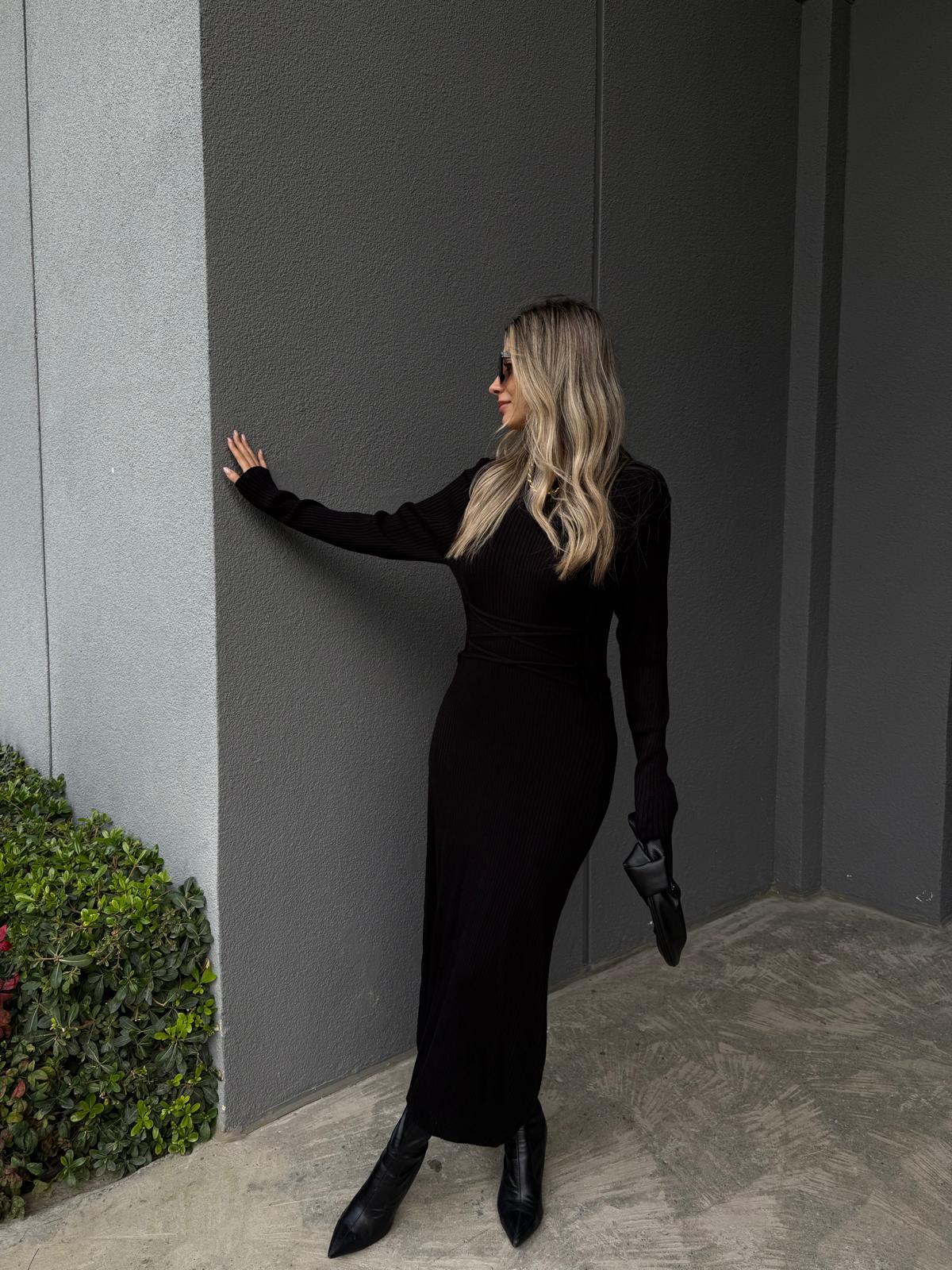 Korse Bağlamalı Siyah Triko Elbise kelb2113grs