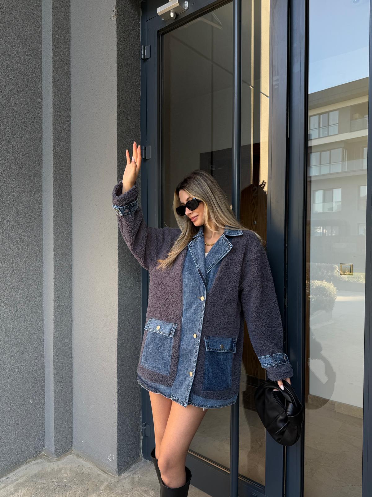 Kot Bantlı Ceket Yaka Antrasit Teddy Mont mnt2148shz