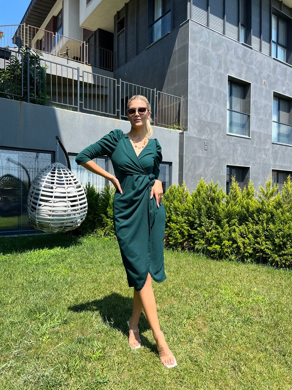 Koyu Yeşil Kruvaze Crep Elbise