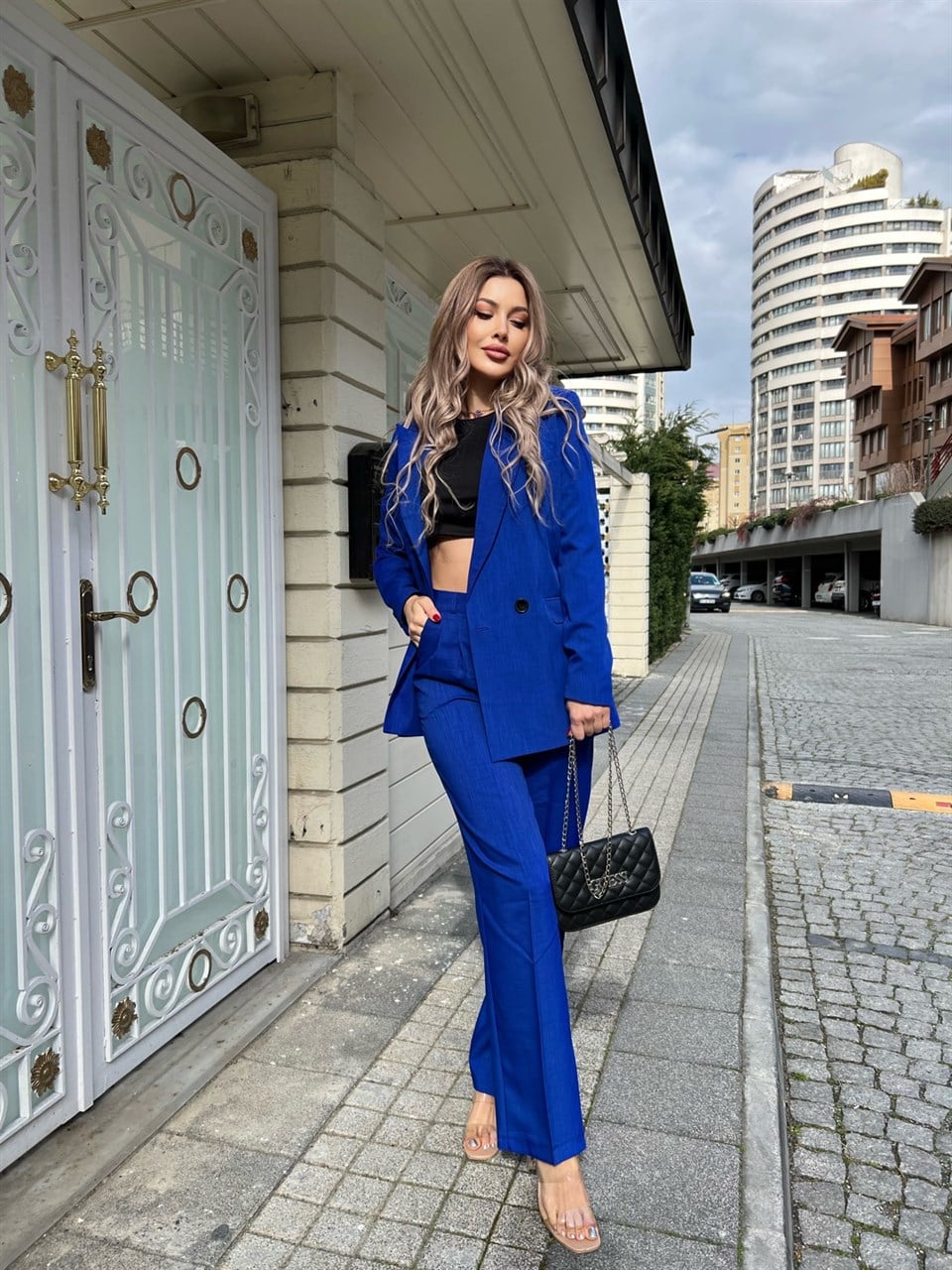 Kroseçli İthal Keten Saks Palazzo Takım